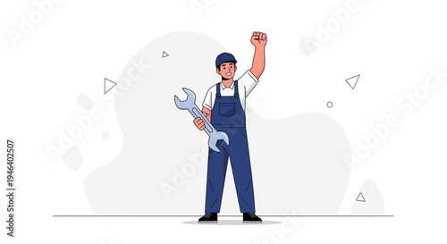 Happy Mechanic with Wrench, Fist Pump, Victory Pose, Blue Overalls, White Background