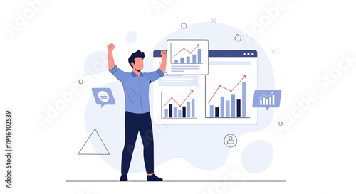 Man celebrating success with financial charts and graphs on a screen