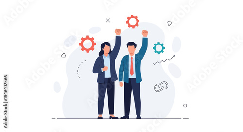 Successful Business Team Celebrating Victory with Raised Fists and Gears