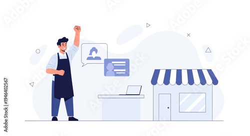 Successful small business owner celebrating achievement with digital tools and storefront