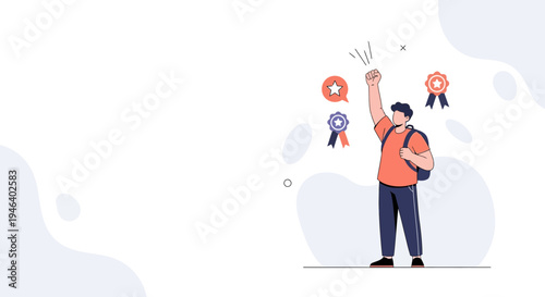 Student celebrating success with awards and medals, concept of achievement and victory