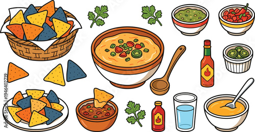 Nachos with cheese dip and salsa vector illustration set with tortilla chips, guacamole, hot sauce and Mexican snack food
