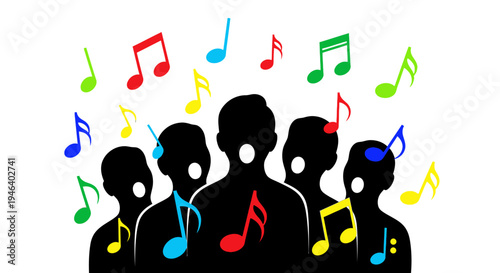 Silhouette of people singing music notes.