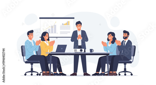 Business meeting success: team applauds presenter in modern office setting