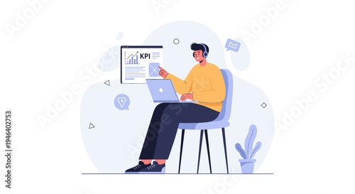 Man working on laptop with KPI dashboard and headset, remote work concept