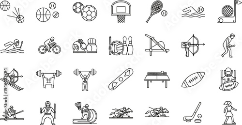 Collection of minimalist line art icons depicting various competitive sports equipment and athletic activities for design projects
