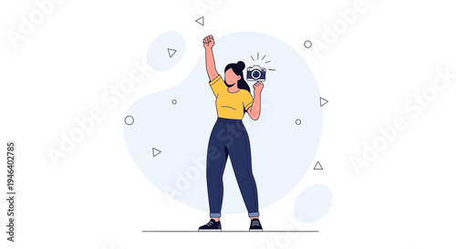Woman holding camera, celebrating success, creative photography concept
