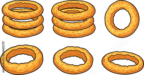 Onion rings fried snack vector illustration set with crispy golden onion ring slices isolated fast food appetizer elements