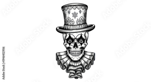 Creepy Clown Skull with Top Hat and Ruff Collar, Halloween Illustration