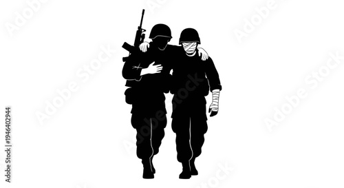 Silhouette of a Soldier Helping and Carrying a Wounded Comrade