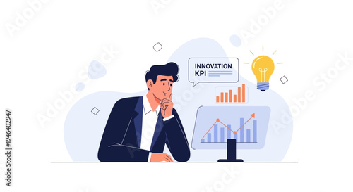 Businessman analyzing innovation KPIs and charts on computer screen, lightbulb idea