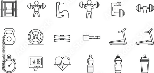 Collection of simple line art icons representing various essential fitness equipment and healthy lifestyle objects