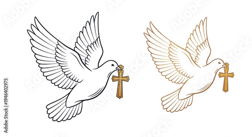 Dove holding cross, symbol of peace, religion, hope, and spirituality