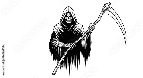 Grim Reaper with Scythe, Death Personification, Halloween, Black and White Illustration