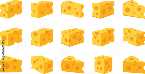 Swiss cheese cubes and wedges vector illustration set with yellow hole cheese pieces isolated dairy food collection