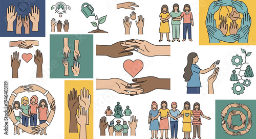 Diverse hand illustrations and people together symbolizing community, teamwork, support, inclusion, charity, social responsibility, and collaborative spirit.