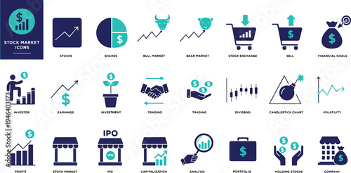 Stock market icon set. Containing stocks, stock exchange, financial goal, shares, investment, bull market, bear market and investment icons.Vector illustration. Editable stroke