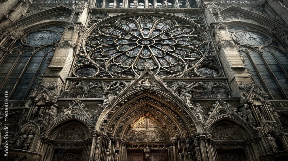 Fototapeta premium Intricate Gothic Cathedral Facade with Rose Window
