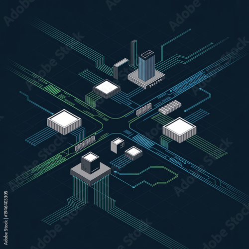 Isometric circuit board with glowing lines and processors