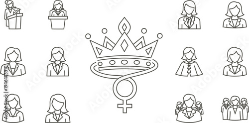 Collection of diverse line icons depicting women in various professional roles, symbolizing empowerment, leadership, and achievement in the modern business world.