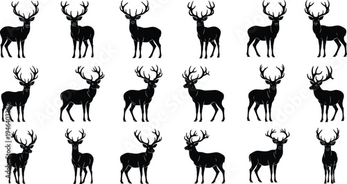Black silhouette vector illustration of deer with antlers in multiple poses and orientations, symbolizing wildlife, forest, hunting, and decorative design themes
