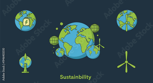 An illustrative representation of global sustainability efforts showcasing renewable energy sources and environmental care for a healthier planet.