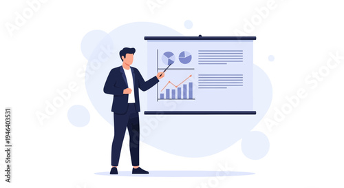 Businessman presenting financial report with charts and graphs on a presentation board