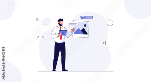 Man with tablet presenting digital content with images and speech bubbles