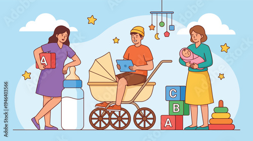 Family with Baby and Toys Stroller and Blocks