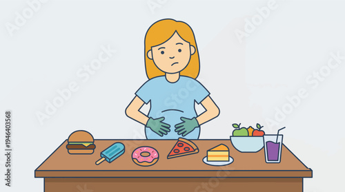 Girl Holding Stomach Surrounded by Unhealthy Food Choices