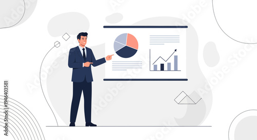 Businessman presenting financial charts and pie graph on screen