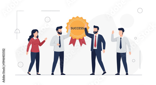 Team celebrating success with a golden award medal, business achievement concept