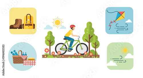 A vibrant collection of outdoor leisure activities and summer recreation elements showcasing various ways to enjoy nature and good weather.