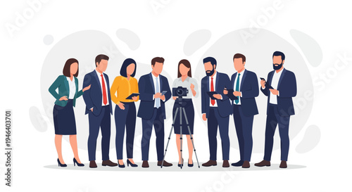 Diverse business team with camera and tablets, professional collaboration, modern office setting