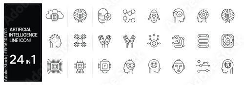 Set of 24 Artificial Intelligence Line Icons Vector for AI, Machine Learning, Data Science, and Technology Concepts