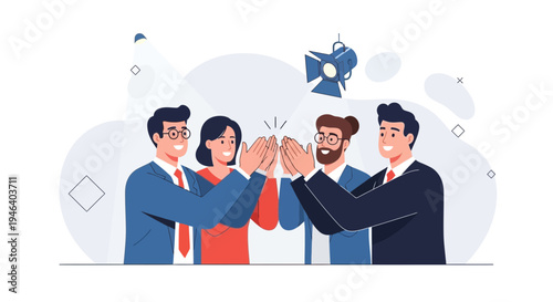 Teamwork success celebration, diverse business people high-fiving and clapping