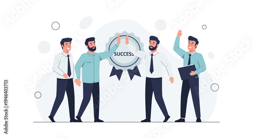 Teamwork Success Celebration: Businessmen High Five and Hold Award