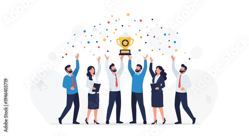 Team celebrating success holding trophy, confetti, business achievement, victory, teamwork