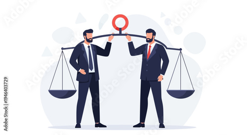 Businessmen balancing scales of justice, concept of legal equality and fairness