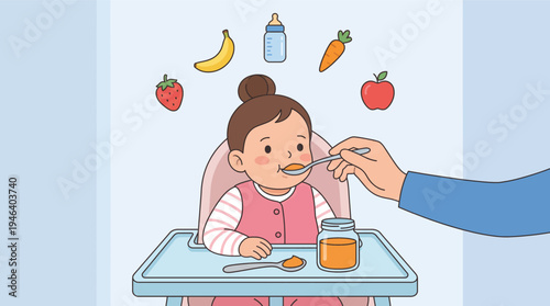 Baby Being Fed Puree by Adult Hand at High Chair