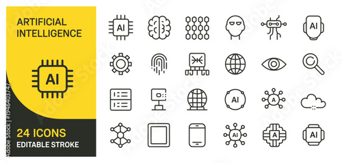 Set of 24 Artificial Intelligence and Machine Learning Line Icons Vector with Editable Stroke for AI Technology and Data Science