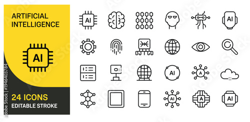 Set of 24 Artificial Intelligence and Machine Learning Vector Line Icons with Editable Stroke for Modern Technology Concepts, UI/UX, and Web Design