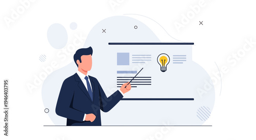 Businessman presenting idea on whiteboard with lightbulb icon