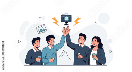 Teamwork success, high five with camera and photo icon, business concept