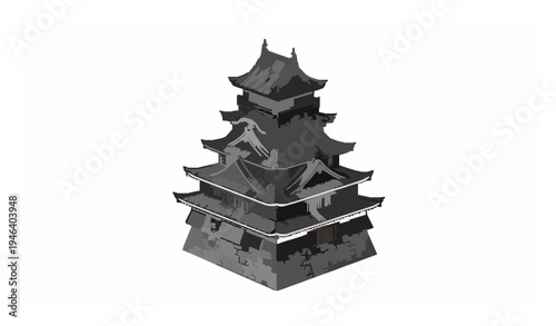 Isometric Japanese feudal black castle vector illustration with pagoda style roofs
