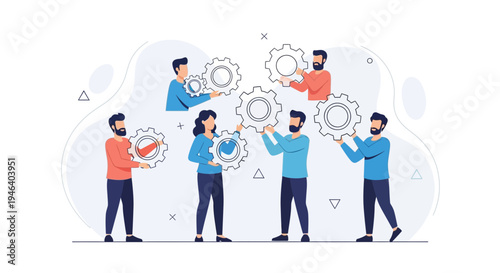 Teamwork concept: people assembling gears, symbolizing collaboration and business success