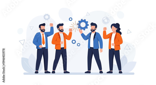 Teamwork and Collaboration: People working together with gears, symbolizing synergy and success