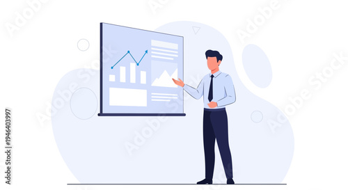 Businessman presenting financial charts and graphs on a screen, business meeting concept