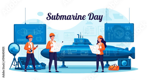 Illustration of three workers in orange vests and helmets standing near a submarine with various equipment and screens on a clean white background for Submarine Day.