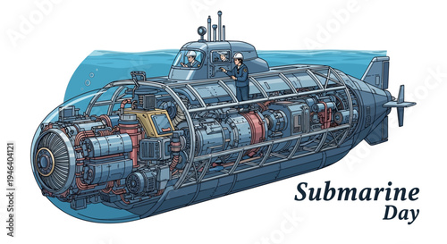 Vector illustration of a submarine's internal components and technology on display in a cutaway design for Submarine Day.